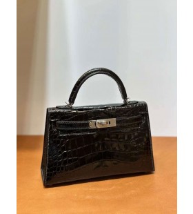 Mini Kelly Sjajna Aligator krokodil Ck89 Crno Srebrni Okovi 19 cm Potpuna RuÄna izrada Phw