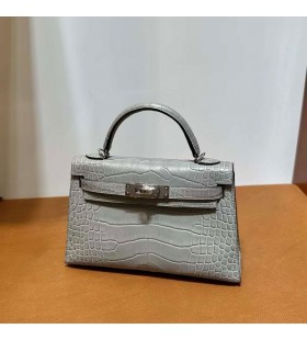Mini Kelly Mat aligator krokodil Srednje-siva, Srebrno-Okovi 19 cm Potpuna RuÄna izrada Phw
