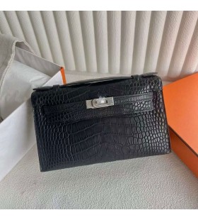 Mini Kelly Pochette Mat Aligator crocodile Ck89 Crno Srebrni Okovi 22 cm Potpuna Ručna izrada Phw