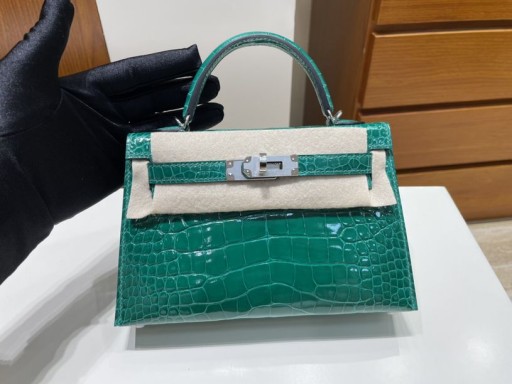 Mini kelly glänsande Alligator 6Q jade grön Silver Hårdvara PHW 19 cm Full Handgjorda