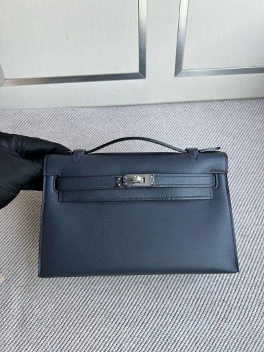 Mini kelly pochette Snabba blå indigo Silver Hårdvara PHW 22 cm Full Handgjorda