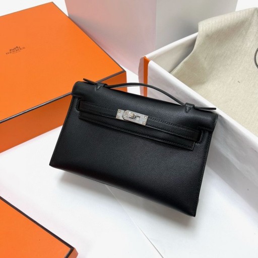 Mini Kelly pochette Swift ck89 Noir Silver Hårdvara Phw 22 cm Full Handgjorda
