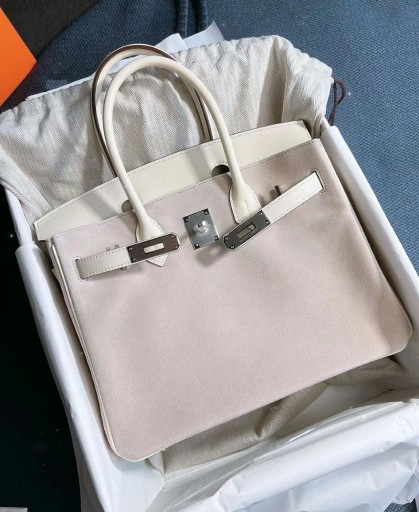 Birkin Suede & Swift Taro color & Creamy white Silver Hardware 25cm Full Handmade