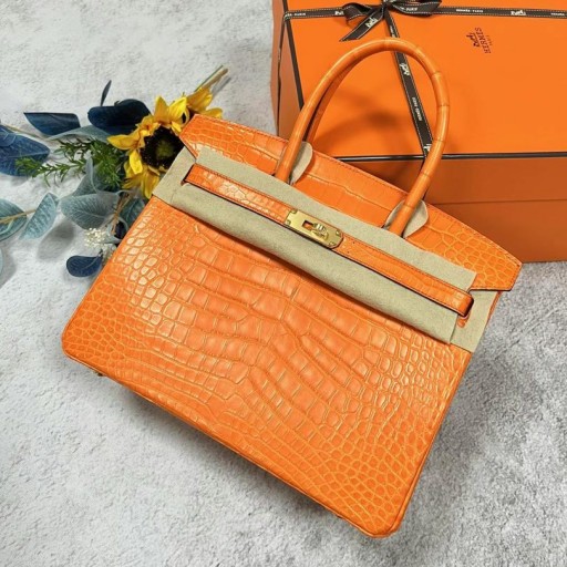 Birkin Matte Alligator Krokodil Ck93 Orange Guld Hårdvara Ghw 30cm Full Handgjorda
