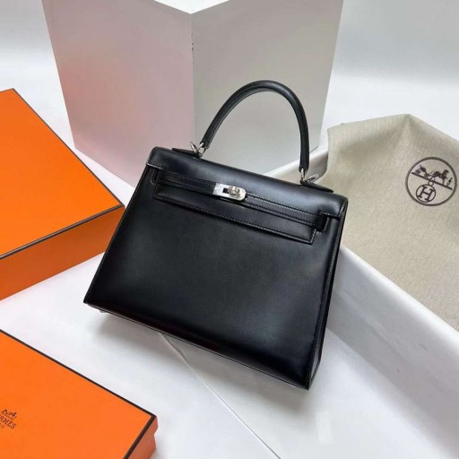 Kelly Box Läder Ck89 Svart Silver Hårdvara Phw 25cm Full Handgjorda