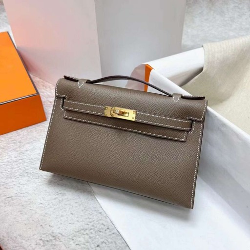 Mini Kelly Pochette Epsom Ck18 Etoupe Grå Guld Hårdvara Ghw 22 cm Full Handgjorda
