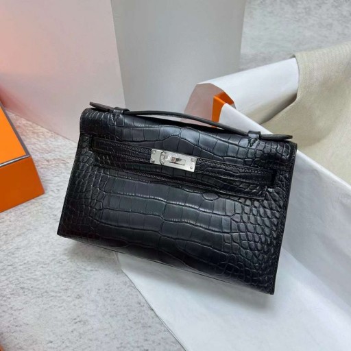 Mini Kelly Pochette Matte Alligator Ck89 Svart Silver Hårdvara Phw 22 cm Full Handgjorda