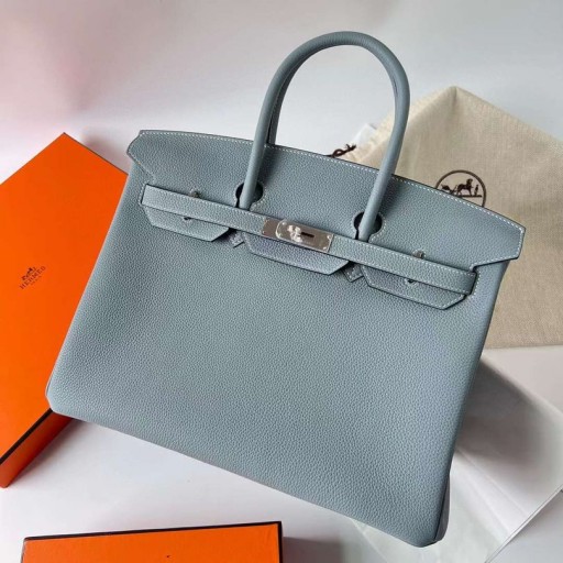 Birkin Togo J7 Linne blå Silver Hårdvara Phw 35cm Full Handgjorda