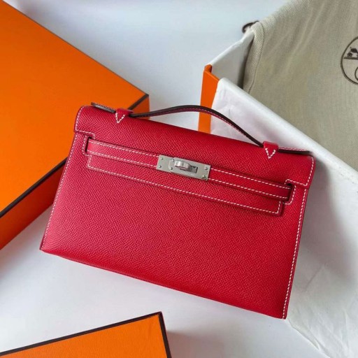 Mini Kelly Pochette Epsom Q5 Ljus Röd Silver Hårdvara 22 cm Phw Full Handgjorda
