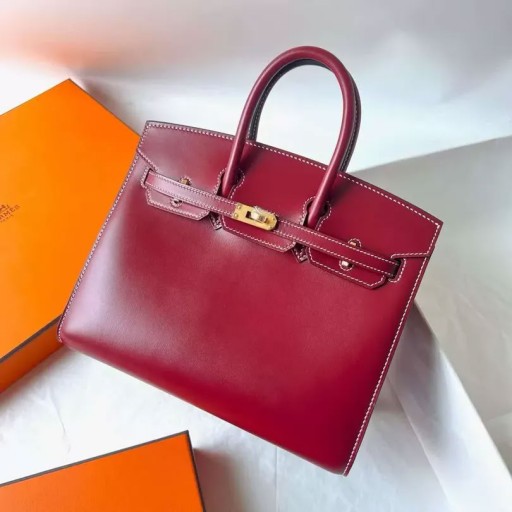 Birkin Sellier Box Ck55 Bordeaux rött Guld Hårdvara 25cm Full Handgjorda Ghw