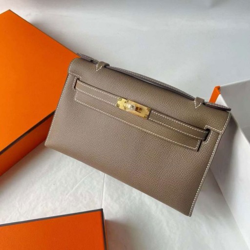 Kelly Pochette Epsom Ck18 Etoupe Grå Guld Hårdvara 22 cm Full Handgjorda Ghw