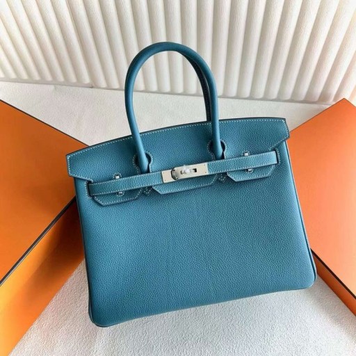 Birkin Togo Ck75 Denim blå Silver Hårdvara 30cm Full Handgjorda Phw