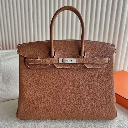 Birkin väskor Togo Ck37 Golden Brown Silver Hårdvara 35cm Full Handgjorda Phw