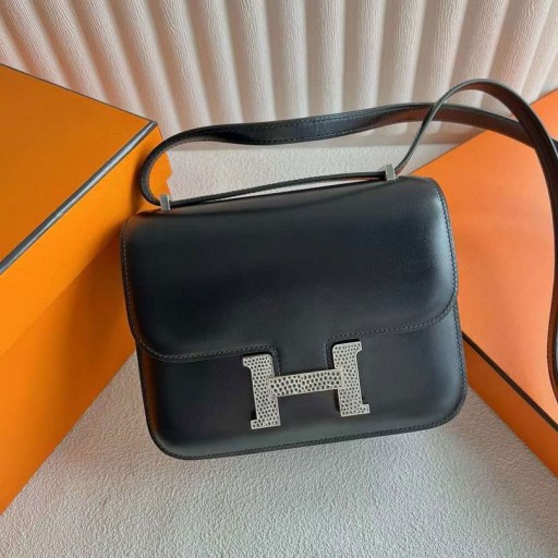 Constance Box Ck89 Svart Ödla spänne i Silver Hårdvara 18cm Full Handgjorda Phw