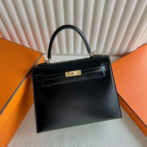 Kelly Box Läder Ck89 Svart Guld Hårdvara 25cm Full Handgjorda Ghw