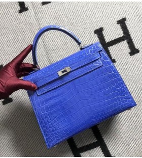 Kelly Alligator Blanka Ljusa blå Silver Hårdvara 25cm Full Handgjorda