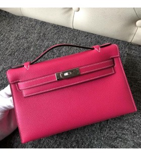 Mini Kelly Pochette Epsom E5-Rose rosa Silver HÃ¥rdvara 22 cm Full Handgjorda