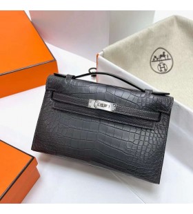 Mini Kelly Pochette Matte Alligator Krokodil Ck88 Grafit grÃ¥ Silver HÃ¥rdvara Phw 22 cm Full Handgjorda