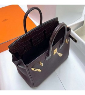 Birkin Touch Togo & Matte Alligator krokodil 0 G Mörk Rött Guld Hårdvara 25cm Full Handgjorda