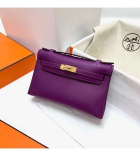 Mini Kelly Pochette Swift P9 actiniae lila Guld H&Atilde;&yen;rdvara Ghw 22 cm Full Handgjorda