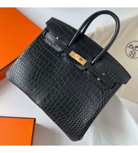 Birkin Matte Porosus Krokodil Ck89 Svart Guld H&Atilde;&yen;rdvara Ghw 25cm Full Handgjorda