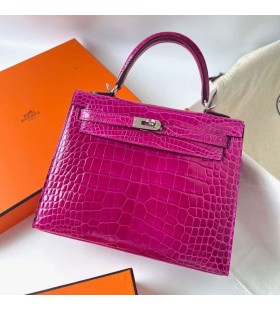 Kelly Gl&Atilde;&curren;nsande Alligator Krokodil J5 Djupt Rosa Lila Silver H&Atilde;&yen;rdvara Phw 25cm Full Handgjorda