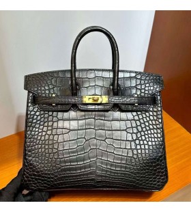 Birkin Matte Alligator krokodil Ck89 Svart Guld HÃ¥rdvara 25cm Full Handgjorda Ghw