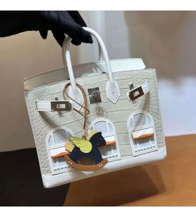 Birkin Krokodil Lilla Huset Vit Silver Hårdvara 20cm Full Handgjorda Phw