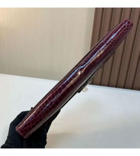 Väskor Kelly skär blanka porosus krokodil F5 Brun röd Silver Hårdvara 31cm Full Handgjorda Phw