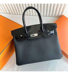 Birkin Touch Togo och blank Niloticus krokodil Ck89 Svart Silver HÃ¥rdvara 30cm Full Handgjorda Phw