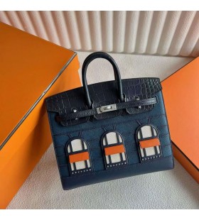 Birkin väskor Limited edition Lilla Hus Blå Silver Hårdvara 20cm Full Handgjorda Phw