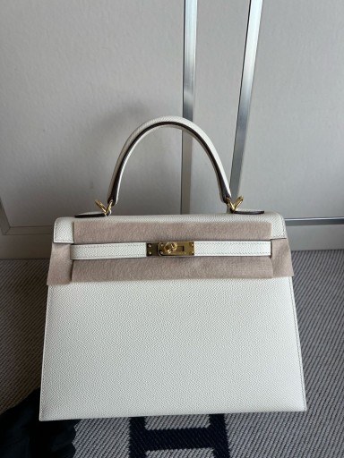 Kelly Epsom Kremalı beyaz Altın Donanım GHW 25cm Tam El Yapımı