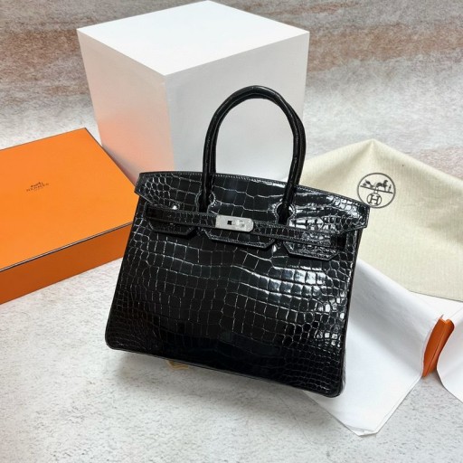 Birkin Porosus parlak ck89 Noir Gümüş Donanım Phw 30 cm Tam El Yapımı