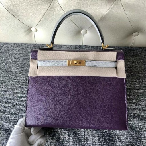 Kelly Hss Chevre Ck59 üzüm mor & Ck80 İnci gri Altın Donanım 25 cm Tam El Yapımı