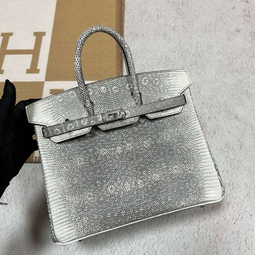 Birkin Kertenkele 01 Doğal renk Gümüş Donanım 25 cm Tam El Yapımı