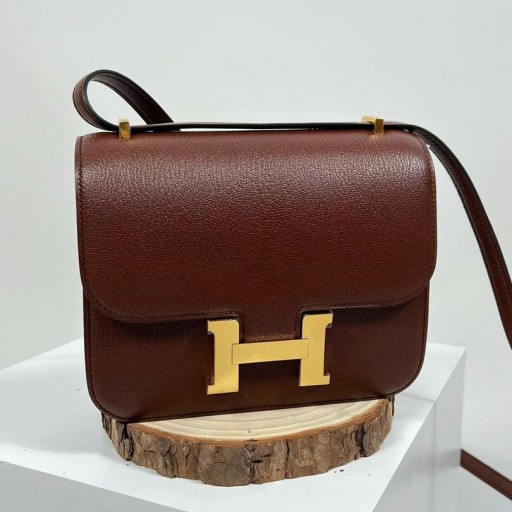 Constance Chevre Ck41 kırmızımsı kahverengi ve Abanoz Altın Donanım PHW 18 cm Tam El Yapımı