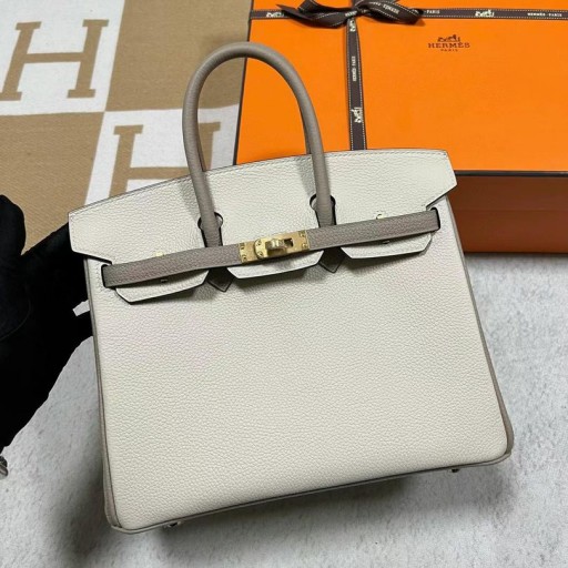 Birkin Togo Ck10 Craie beyaz & Ck81 Gris Altın Donanım 25 cm Mghw Tam El Yapımı