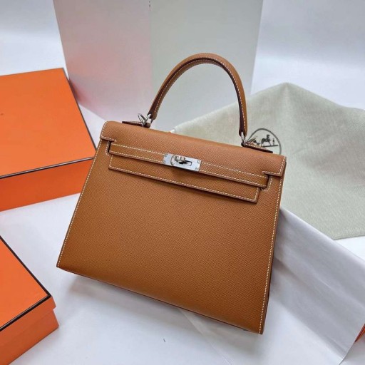 Kelly Epsom Ck37 Altın Kahverengi Gümüş Donanım 25 cm Tam El Yapımı