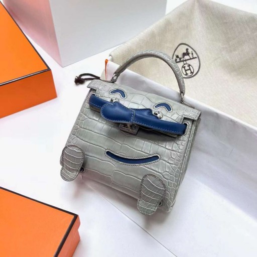 Kelly bebek Mat Timsah Timsah ve Hızlı Ck80 İnci gri ve Derin Mavi Gümüş Donanım Phw 16cm Tam El Yapımı