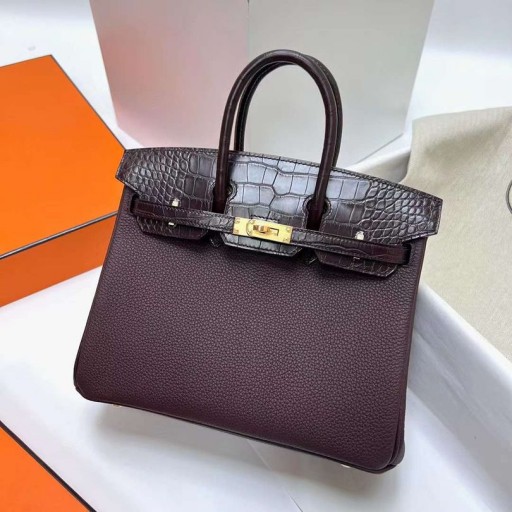 Birkin Dokunmatik Togo & Mat Timsah timsah 0G Koyu Kırmızı Altın Donanım 25 cm Tam El Yapımı