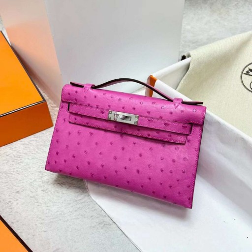 Mini Kelly Poşet Devekuşu 9i Gül Pembe Gümüş Donanım Phw 22 cm Tam El Yapımı