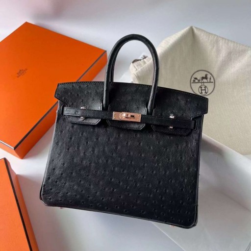 Birkin Devekuşu Ck89 Siyah Gül Altın Donanım Rghw 25 cm Tam El Yapımı