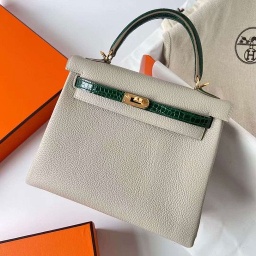 Kelly Dokunmatik Togo & Parlak Niloticus Ck80 İnci gri ve Koyu yeşil Altın Donanım Ghw 25 cm Tam El Yapımı