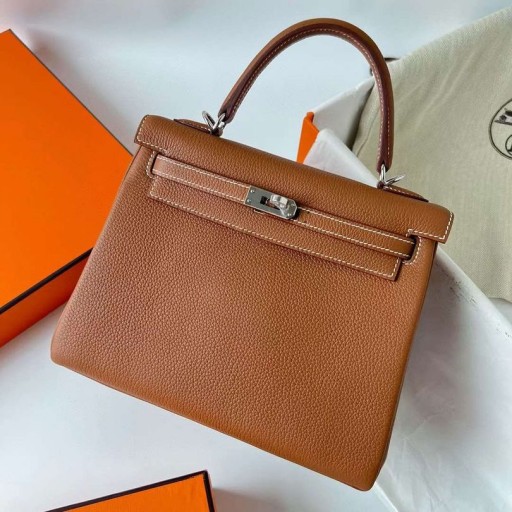 Kelly Togo Ck37 Altın Kahverengi Gümüş Donanım 25 cm Phw Tam El Yapımı