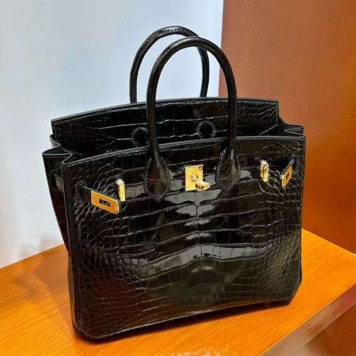 Birkin parlak Timsah timsah Ck89 Siyah Altın Donanım 25 cm Tam El Yapımı Ghw
