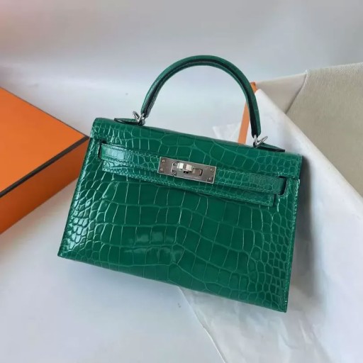 Mini Kelly Parlak Timsah 6Q yeşim yeşil Gümüş Donanım 19 cm Tam El Yapımı Phw