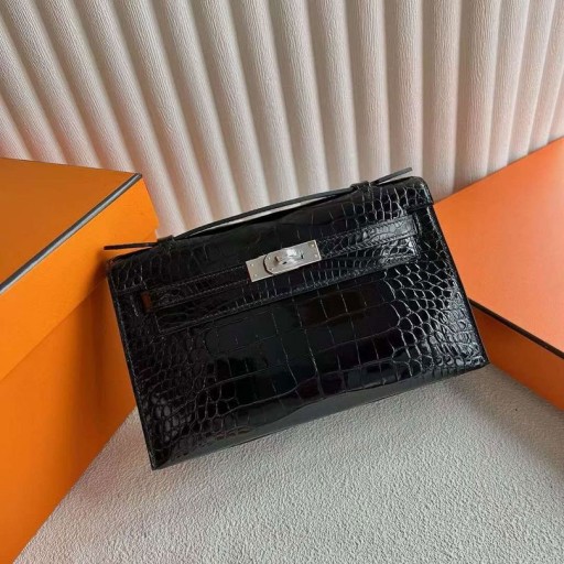 Mini Kelly Poşet Parlak Timsah timsah Siyah Gümüş Donanım 22cm Tam El Yapımı Phw