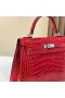 Kelly Parlak Timsah Timsah Ck95 Ferrari kırmızı Gümüş Donanım 25 cm Tam El Yapımı Phw