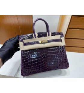 Birkin Timsah parlak 9G Koyu mor Altın Donanım GHW 25 cm Tam El Yapımı