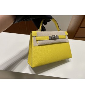 Mini kelly Epsom 9o Napoli sarı Gümüş Donanım PHW 19cm Tam El Yapımı